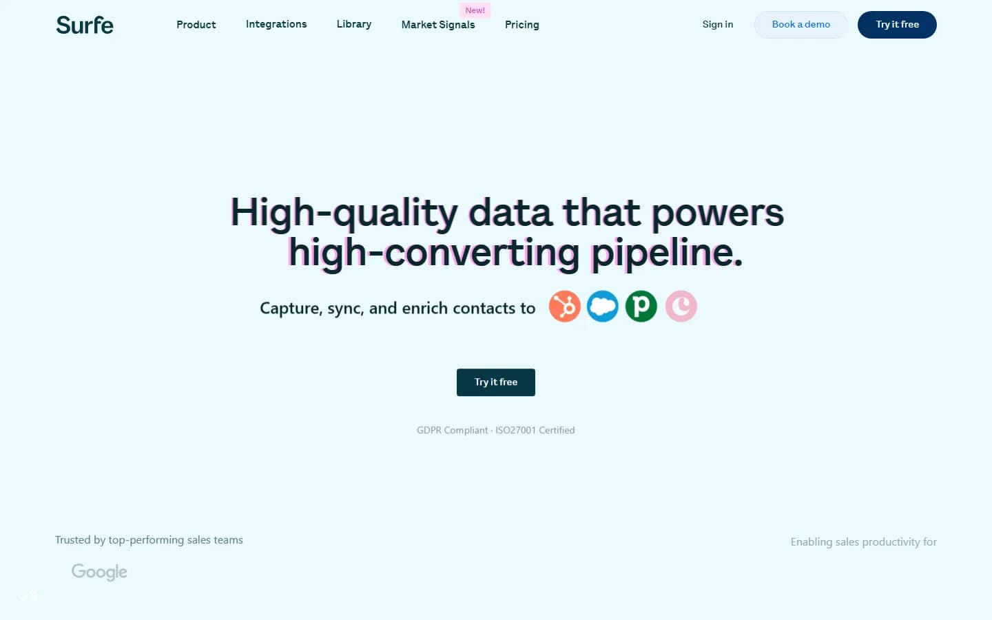 Surfe review — homepage showing the LinkedIn-to-CRM sync platform and Chrome extension