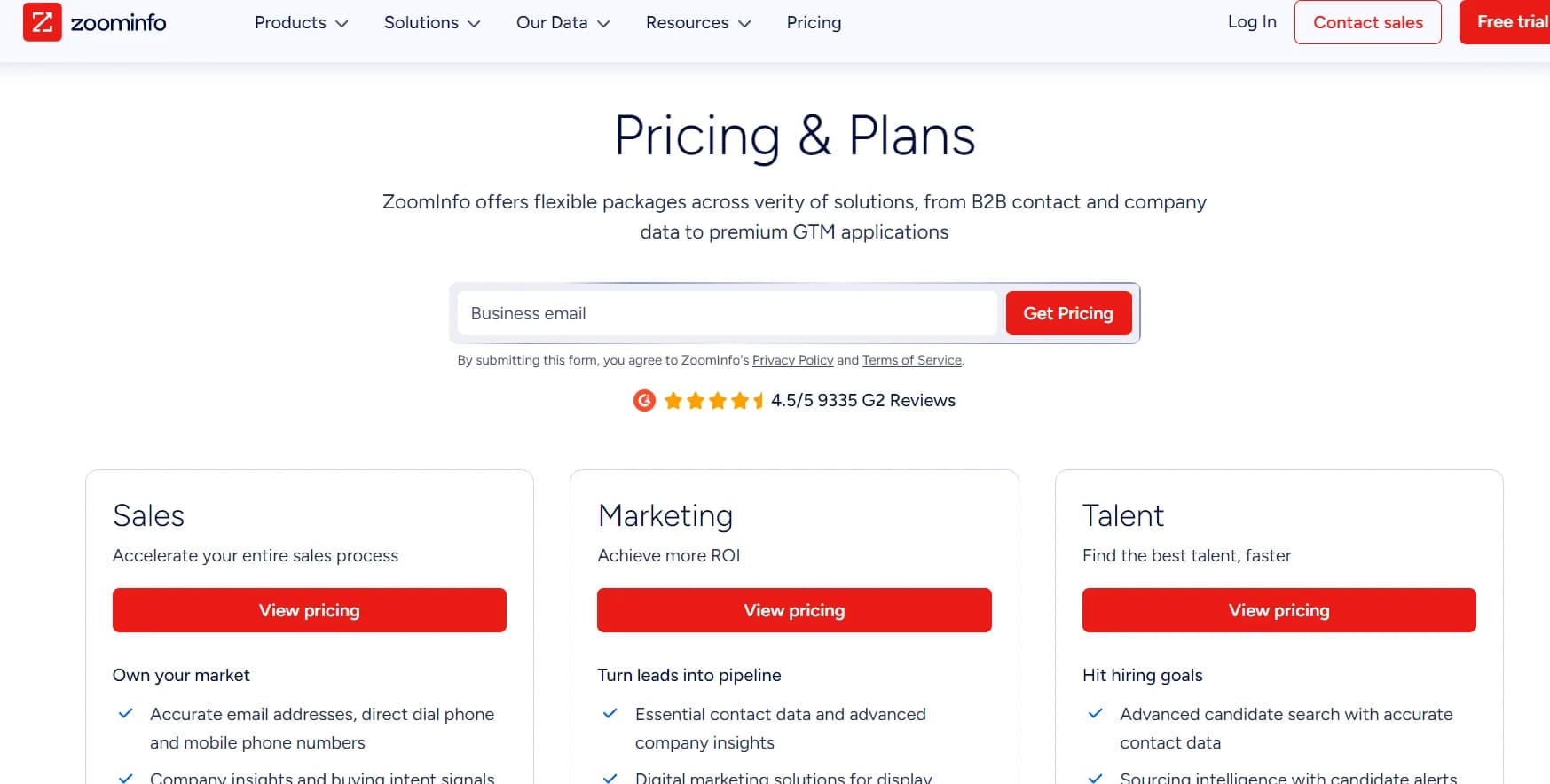 ZoomInfo pricing page requiring sales contact for plan details