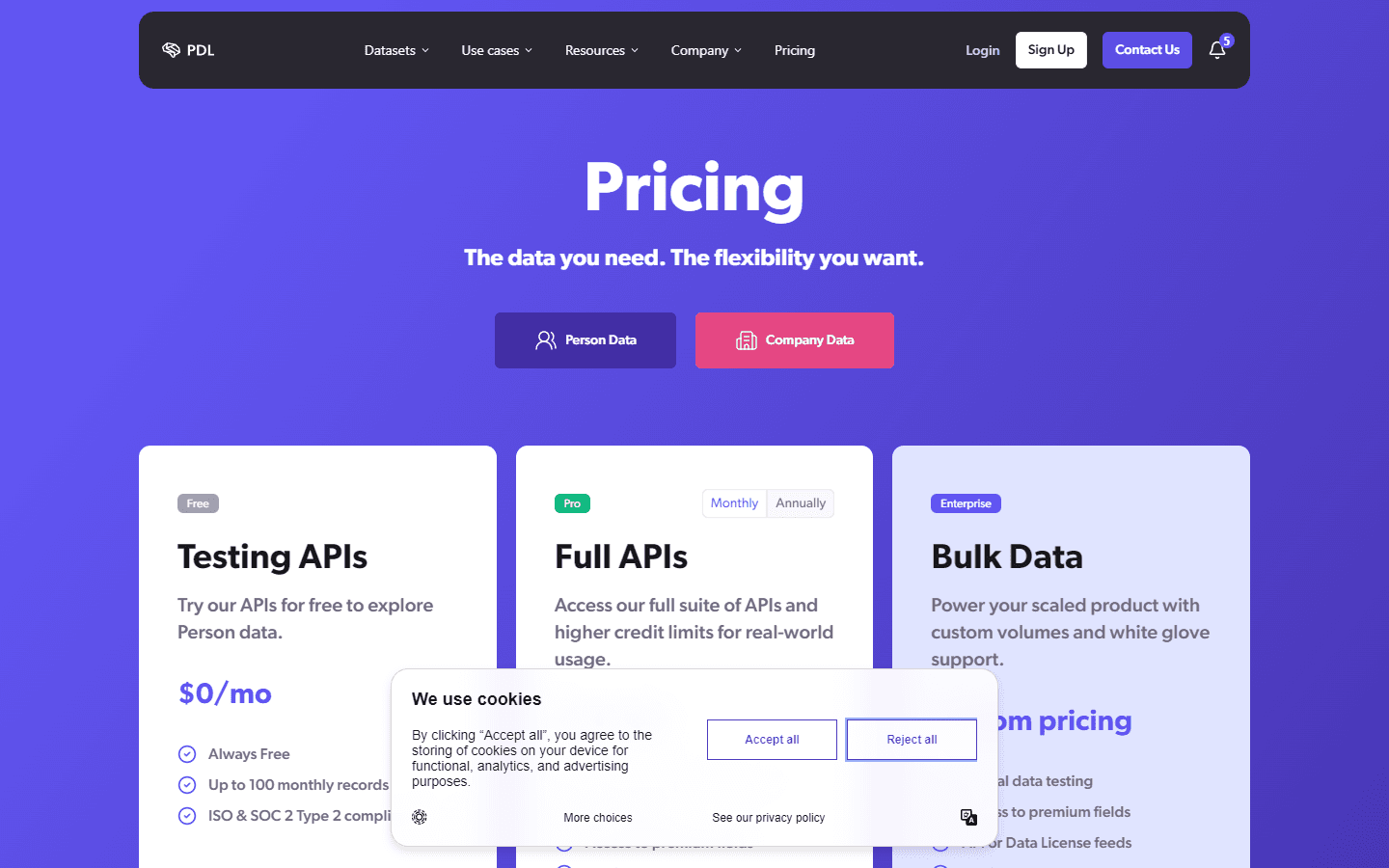 People Data Labs pricing page showing Free, Pro, and Enterprise tiers for person data enrichment