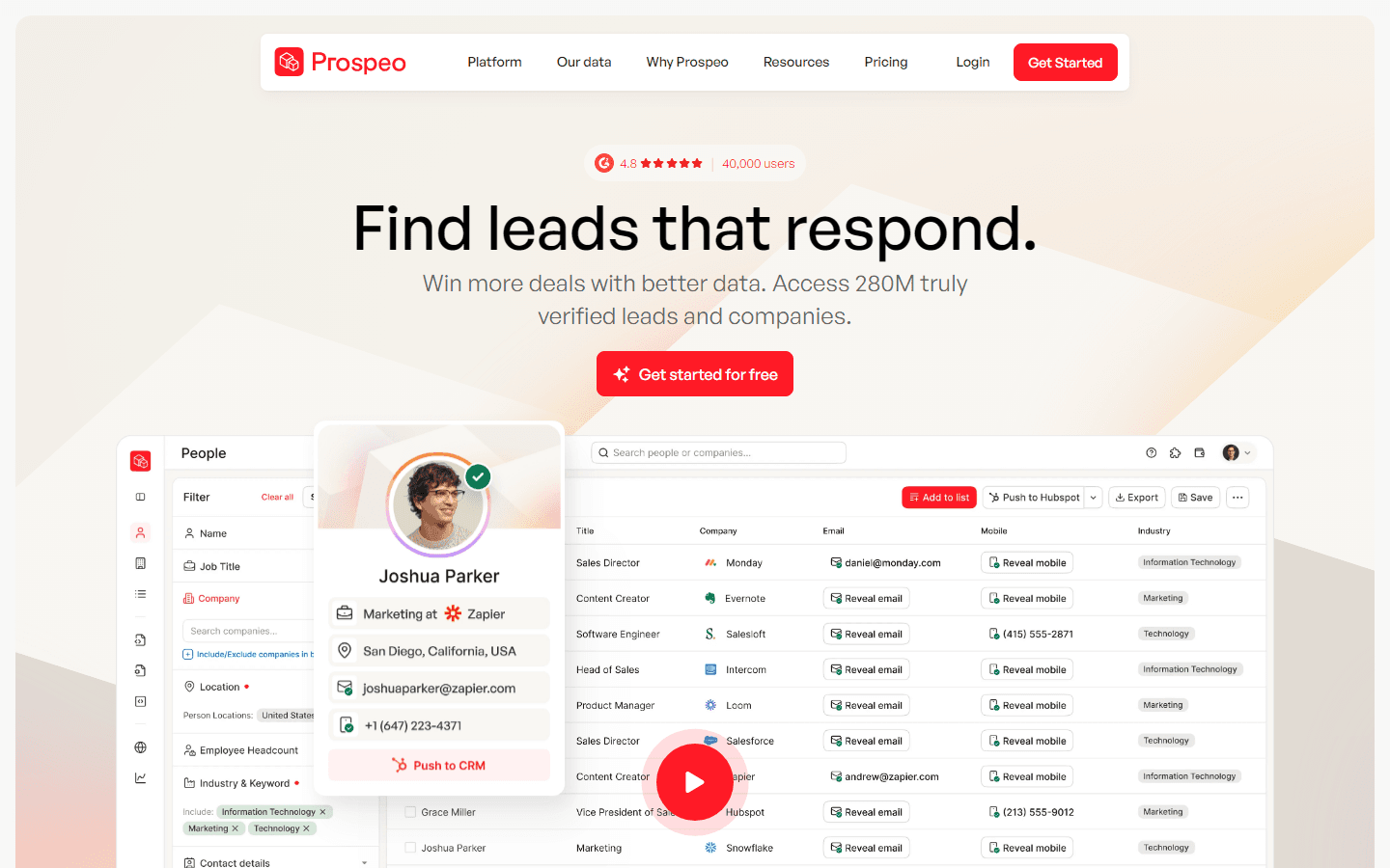 Prospeo review 2026 — homepage showing email finder and Chrome extension features