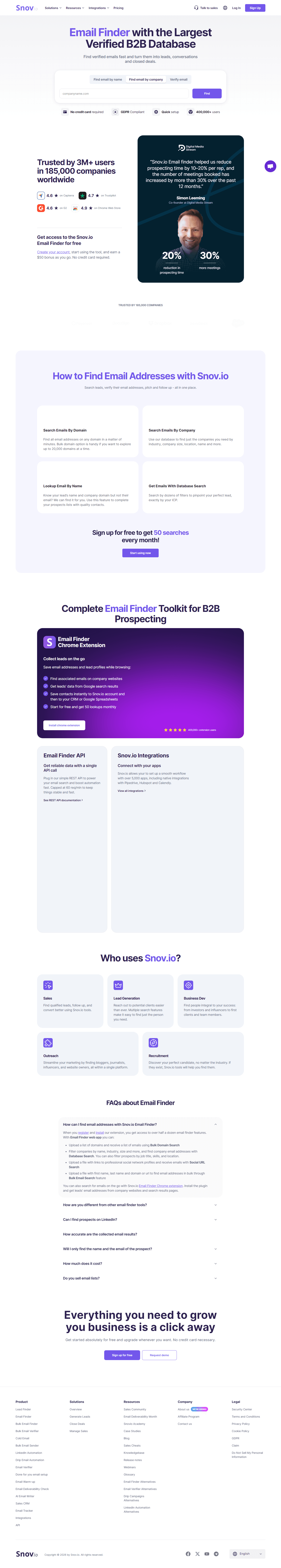 Snov.io email finder tool showing search filters and database results