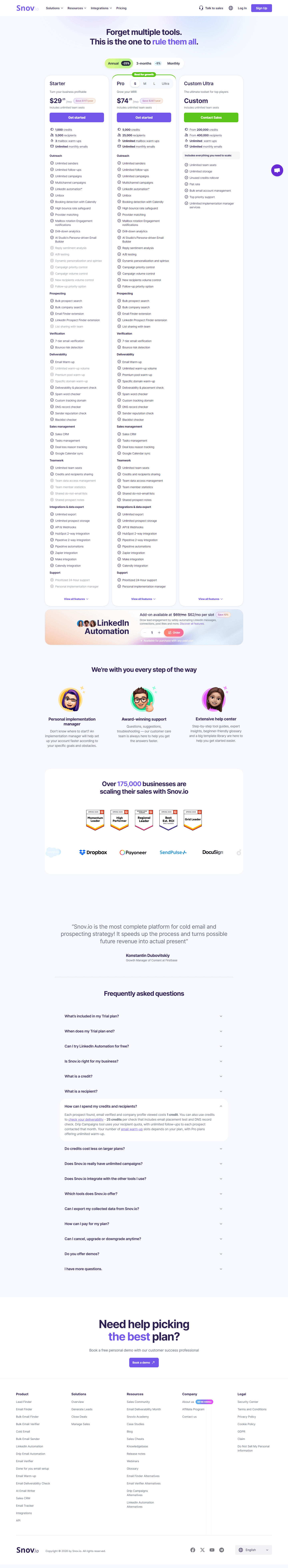 Snov.io pricing page showing Trial, Starter, Pro, and Custom Ultra plans in 2026