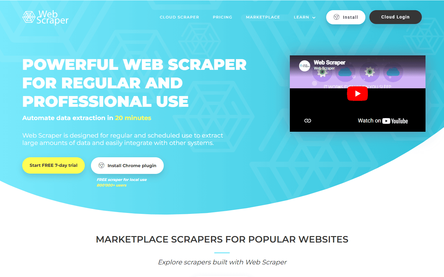 WebScraper.io homepage — Chrome extension and cloud scraping tool