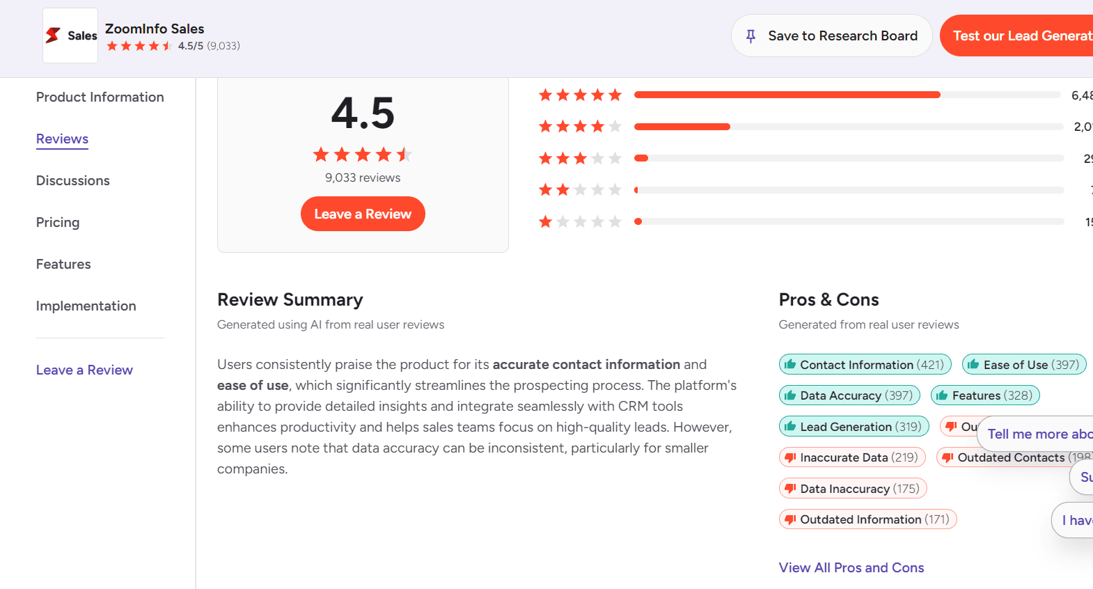 ZoomInfo reviews on G2 showing user ratings and feedback for the B2B sales platform