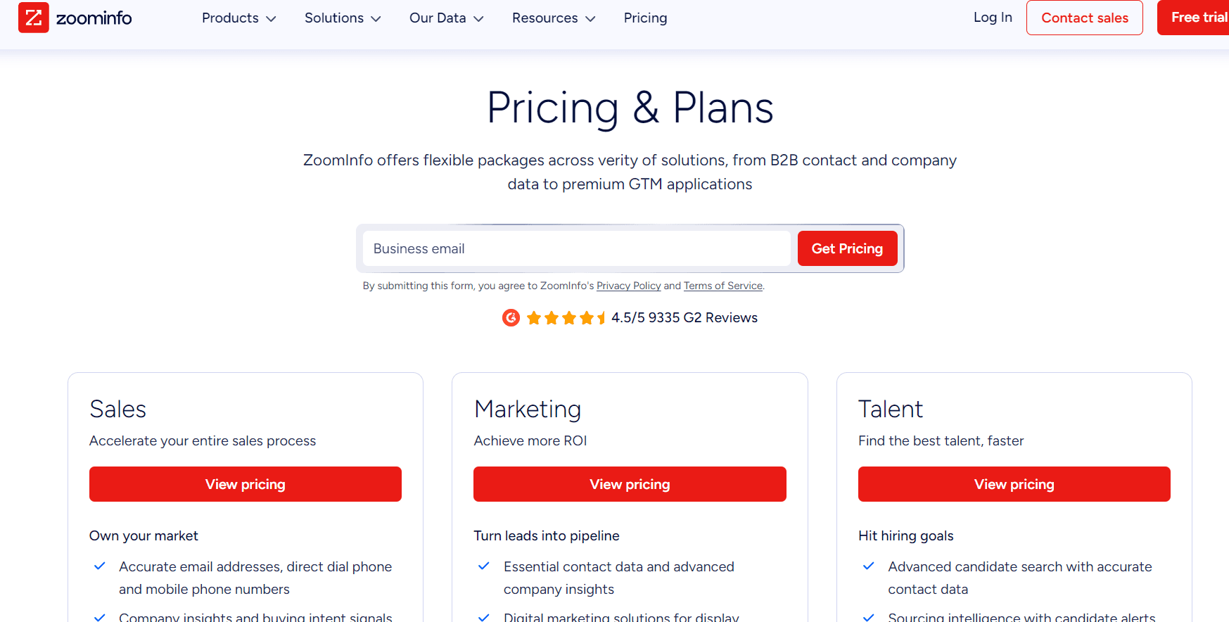 ZoomInfo pricing page requiring sales contact for plan details