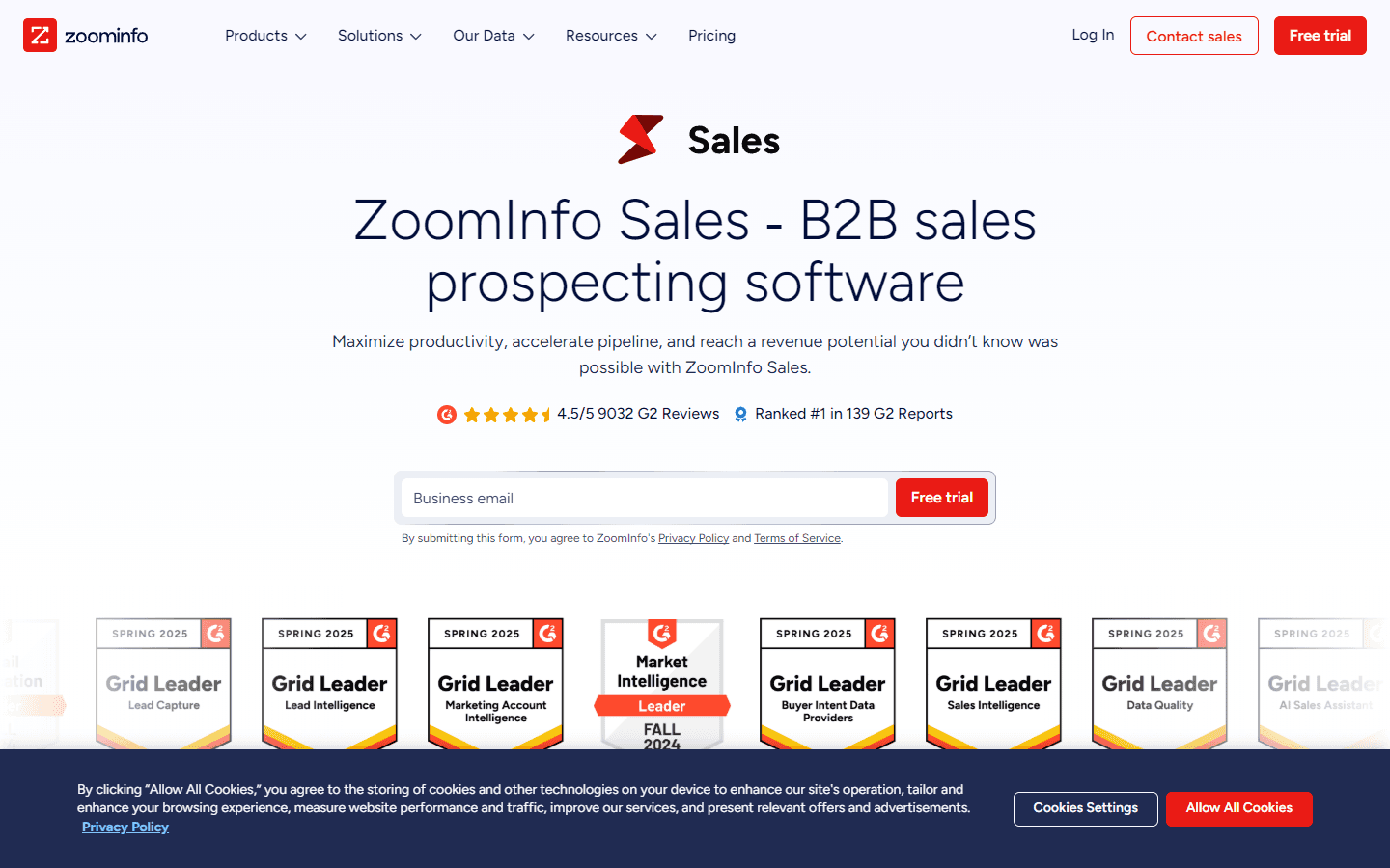ZoomInfo Sales product page showing B2B prospecting features and database capabilities
