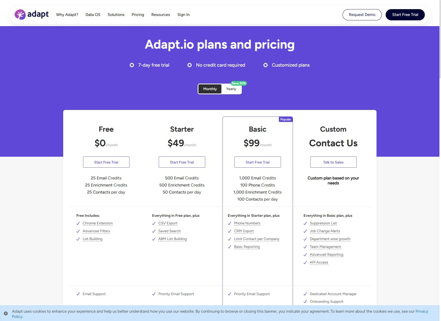 Adapt Prospector pricing page — plans from free to $99/mo with credit system