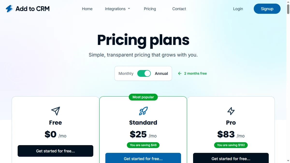 Add to CRM pricing page — Free, Standard, and Pro plans with credit-based model