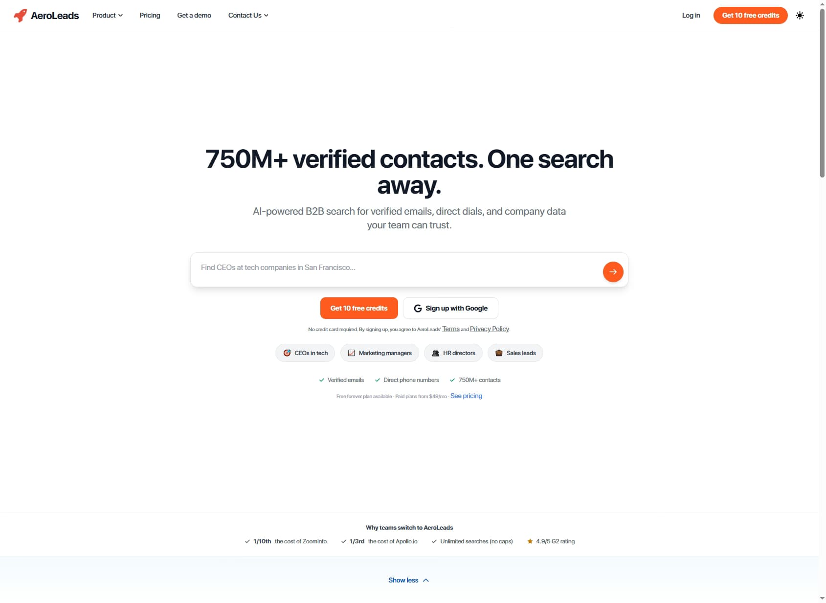 AeroLeads homepage showing the B2B email and phone finder — AeroLeads review 2026