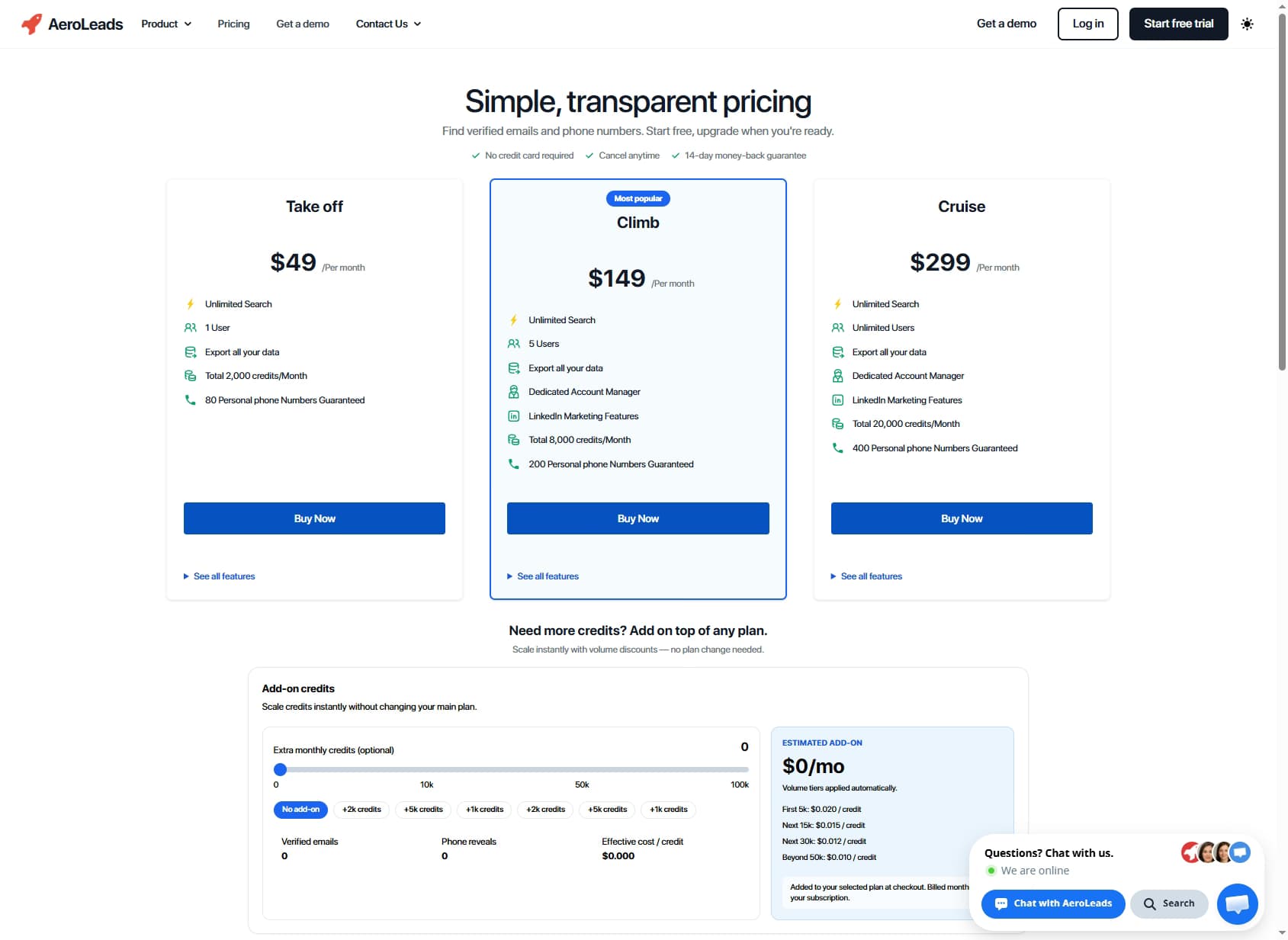 AeroLeads pricing page showing Take Off, Climb, and Cruise plans — AeroLeads review 2026