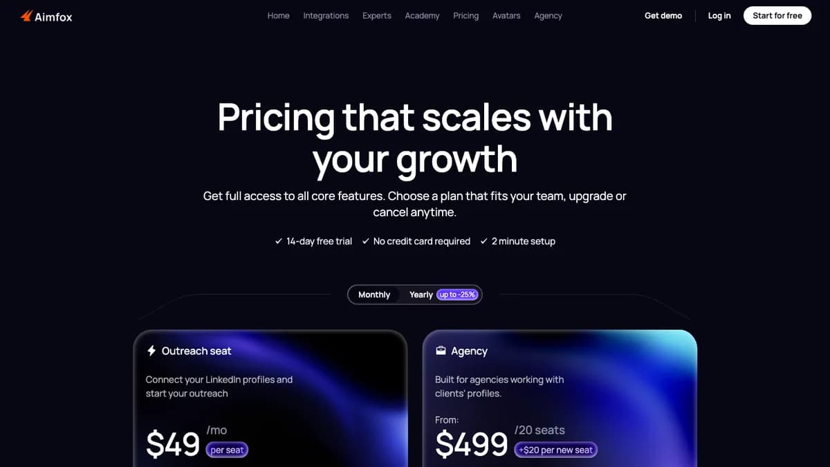 Aimfox pricing page showing Outreach seat at $49 and Agency at $499 for 20 seats — Waalaxy vs Aimfox pricing 2026