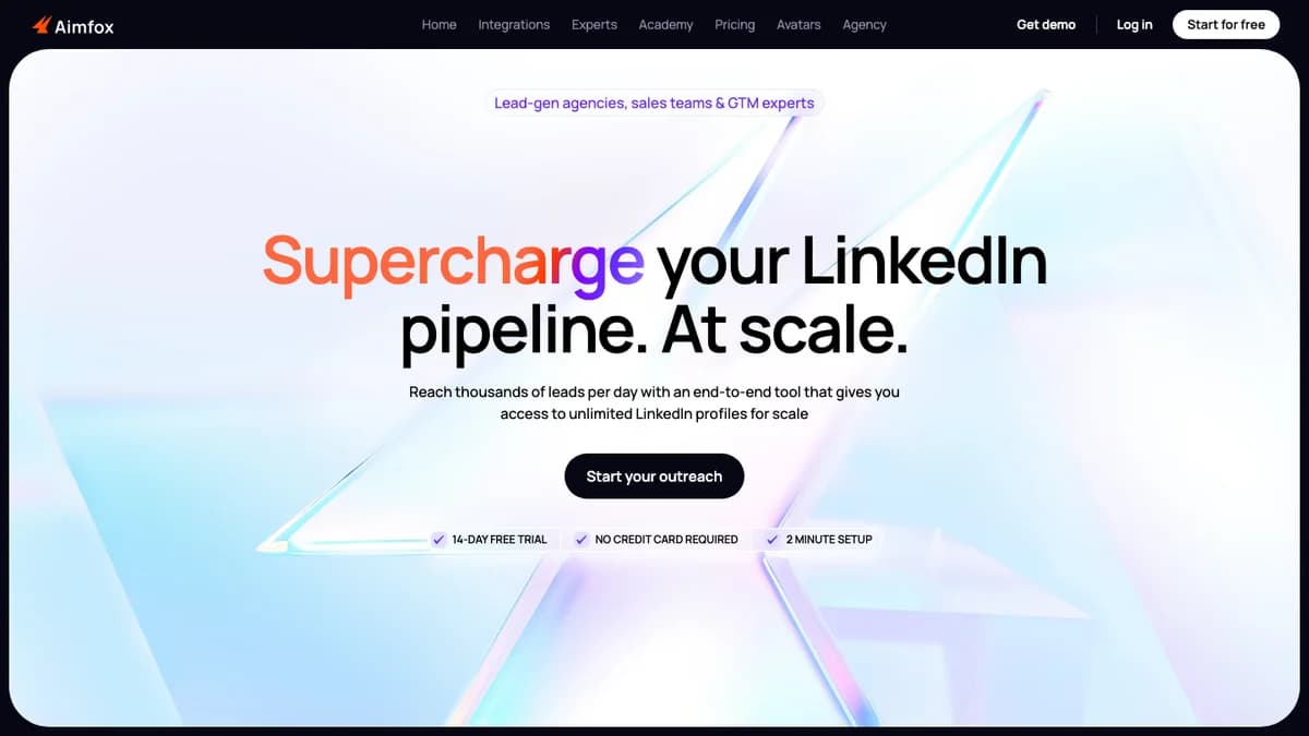 Aimfox homepage with the Supercharge your LinkedIn pipeline headline and 14-day free trial badge, captured for this Aimfox review 2026