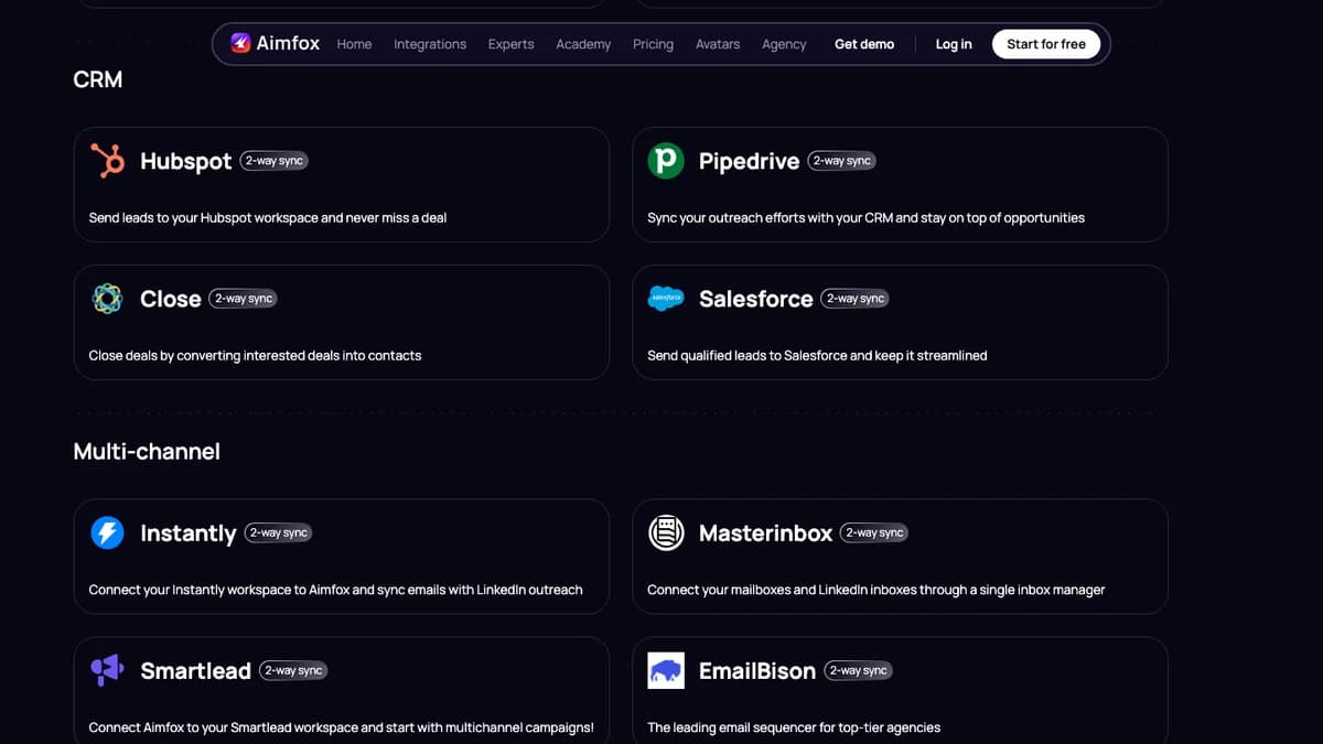 Aimfox integrations page showing 2-way sync with HubSpot, Pipedrive, Close, Salesforce, Instantly, Masterinbox, Smartlead, and EmailBison, Aimfox review 2026