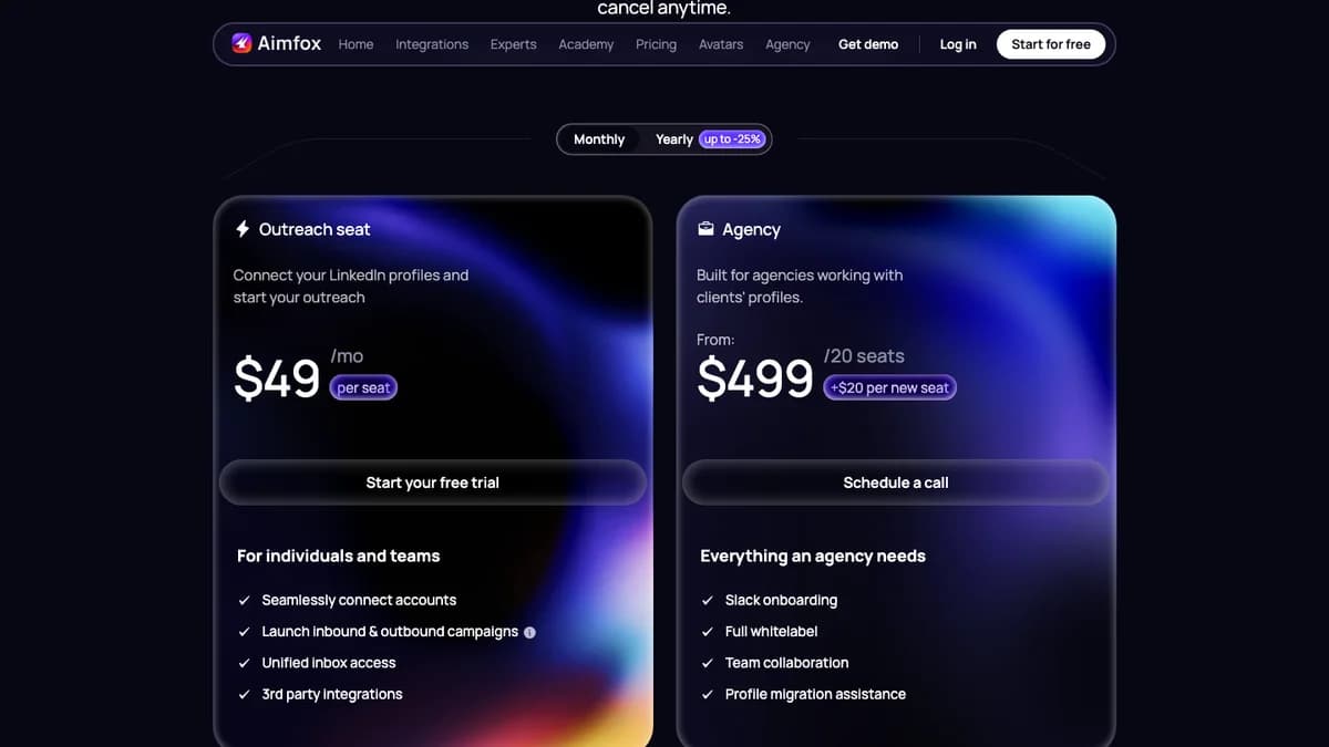 Aimfox pricing page showing the Outreach seat at $49 per seat a month and Agency from $499 for 20 seats, Aimfox review 2026