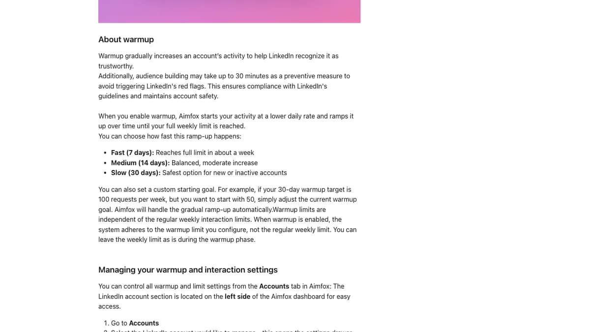 Aimfox help center warmup section listing Fast 7 days, Medium 14 days, and Slow 30 days ramp-up speeds, Aimfox review 2026