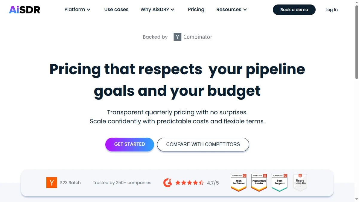 AiSDR pricing page showing plans starting at $750 per month