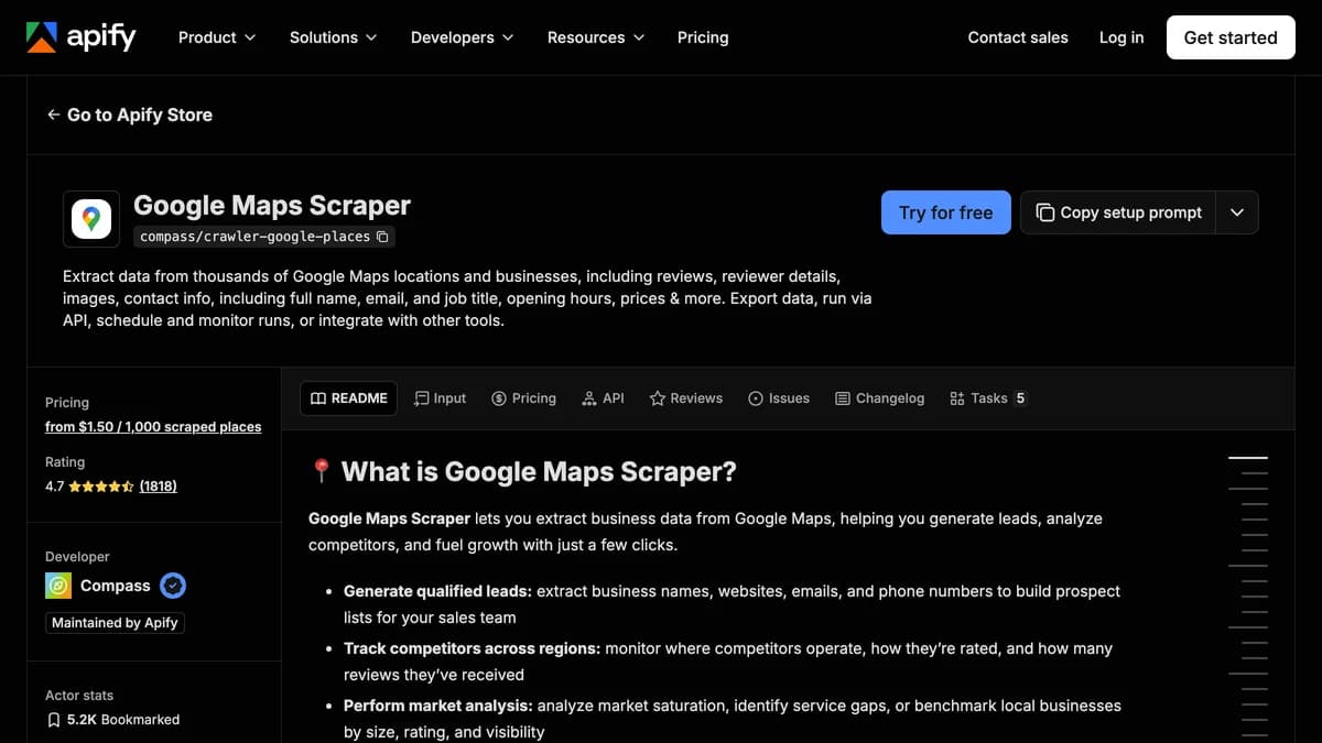 Apify Google Maps Scraper actor page with pricing from $1.50 per 1,000 places — D7 Lead Finder alternative