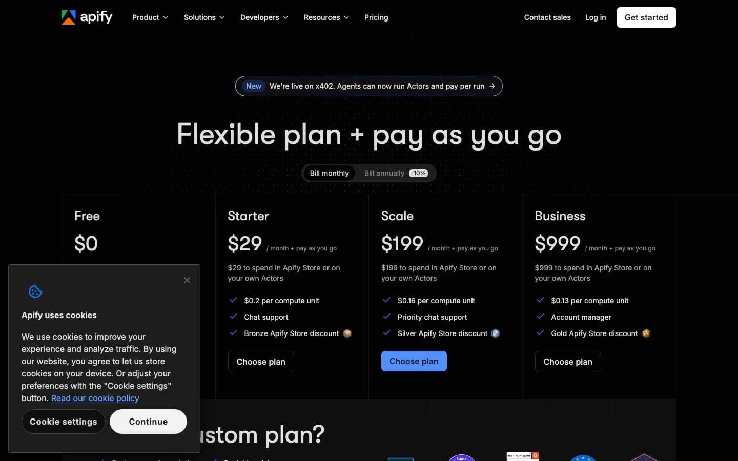 Apify pricing page 2026 — four plans from Free to Business, compute unit billing at $0.13–$0.20 per CU