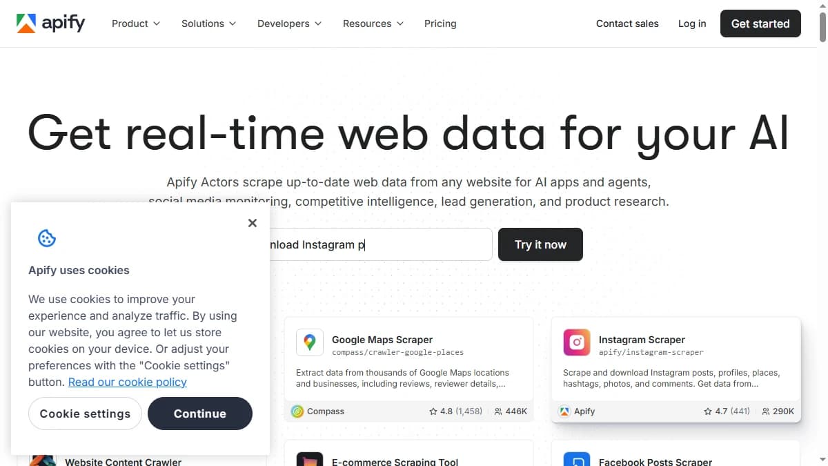 Apify homepage showing the actor marketplace for web scraping -- ScrapingBee alternative for developers