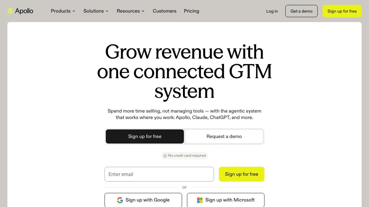 Apollo.io homepage, 'one connected GTM system' — Apollo vs Outreach comparison 2026
