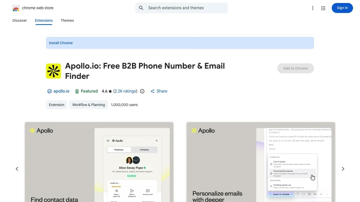 Apollo Chrome extension listing on the Chrome Web Store showing a 4.6 rating from 2.2K ratings and 1,000,000 users