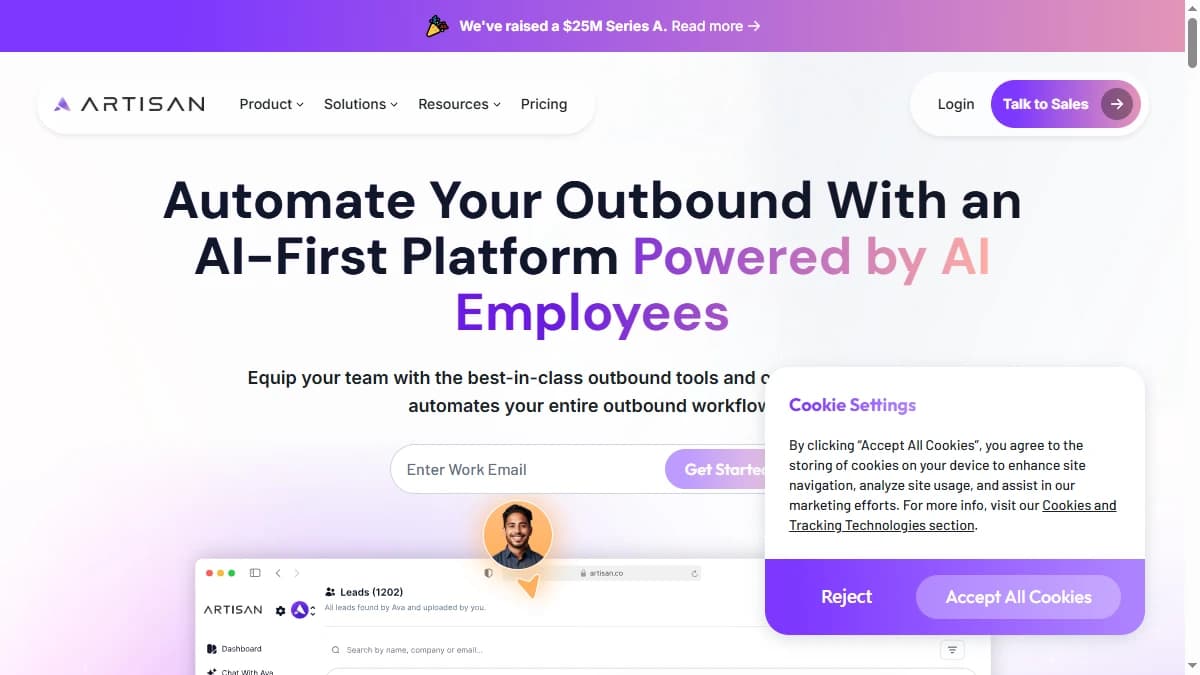 Artisan homepage showing Ava AI sales agent autonomous outbound platform