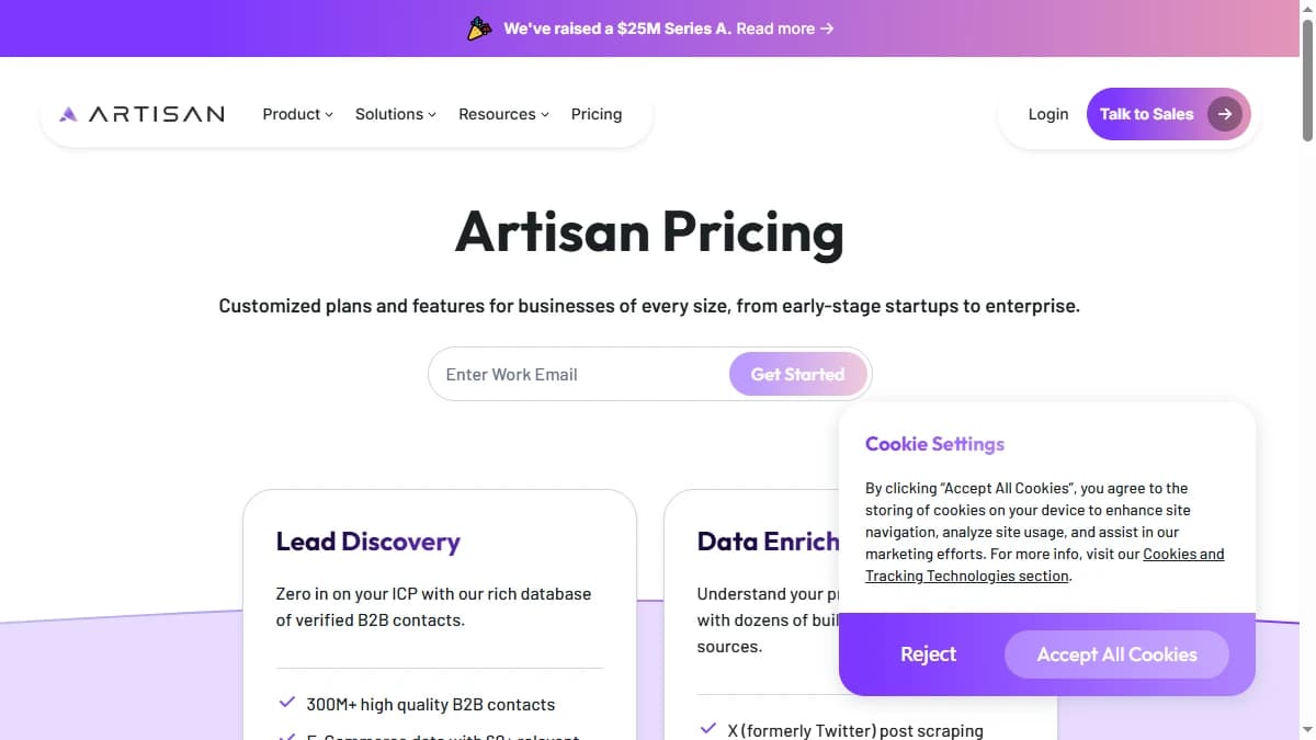 Artisan pricing page showing custom enterprise plans for Ava AI SDR