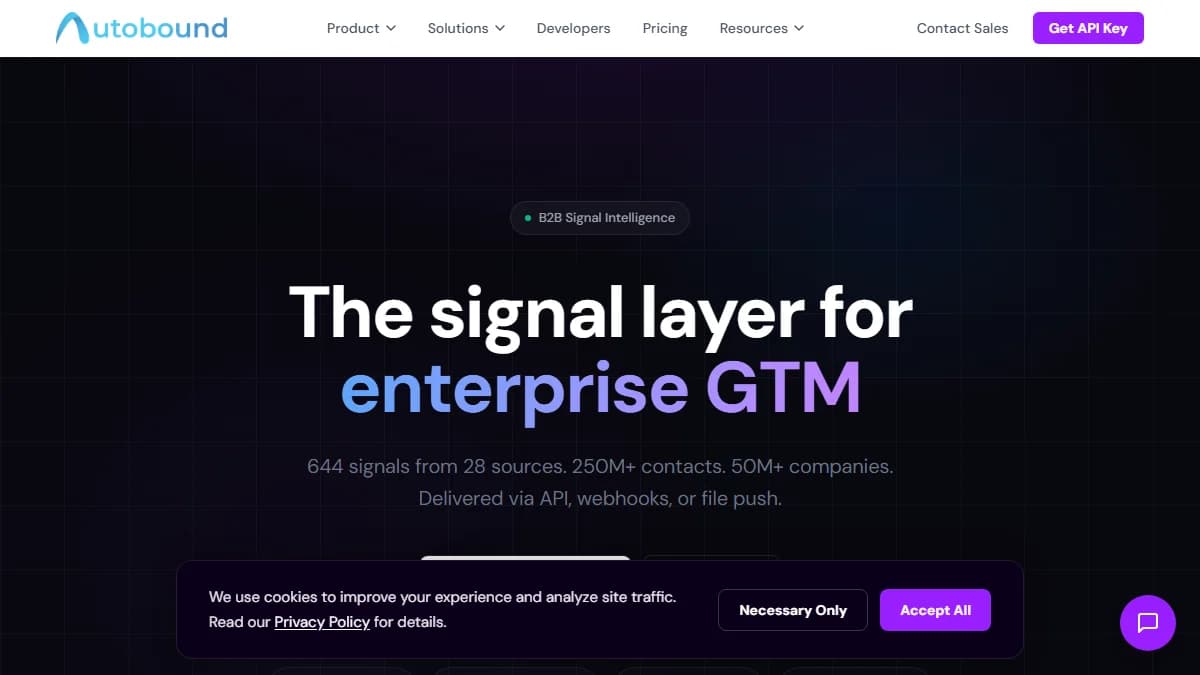 Autobound homepage showing AI email personalization from 400+ buyer signals with SEC filings and funding data