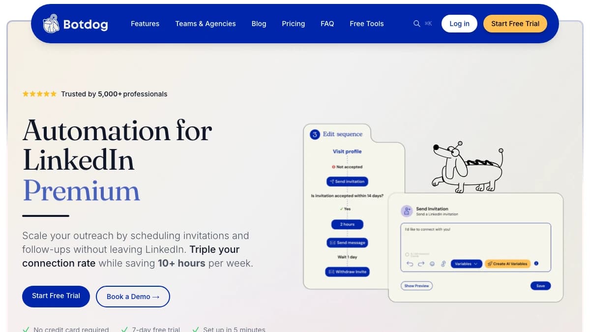 Botdog homepage — Dripify alternative for agencies with conditional LinkedIn sequences and flat sender pricing