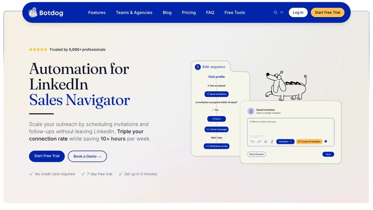 Botdog homepage with Automation for LinkedIn Sales Navigator headline and a sequence editor, captured for this Botdog review 2026