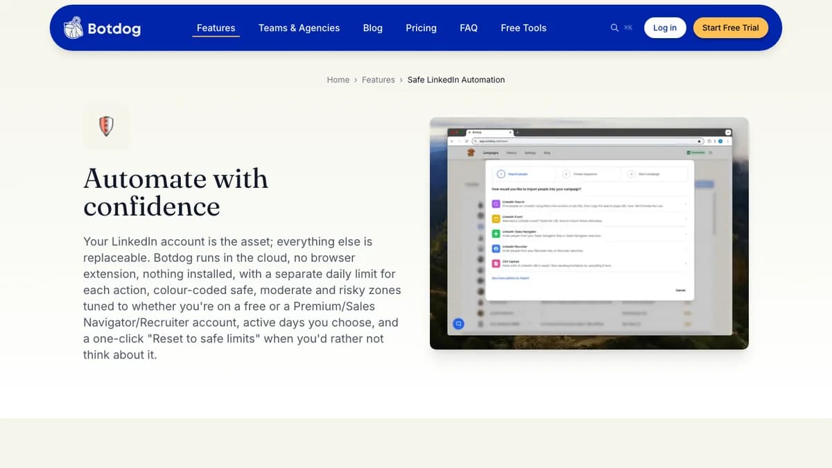 Botdog safe LinkedIn automation page stating it runs in the cloud with no browser extension and per-action daily limits, for this Botdog review