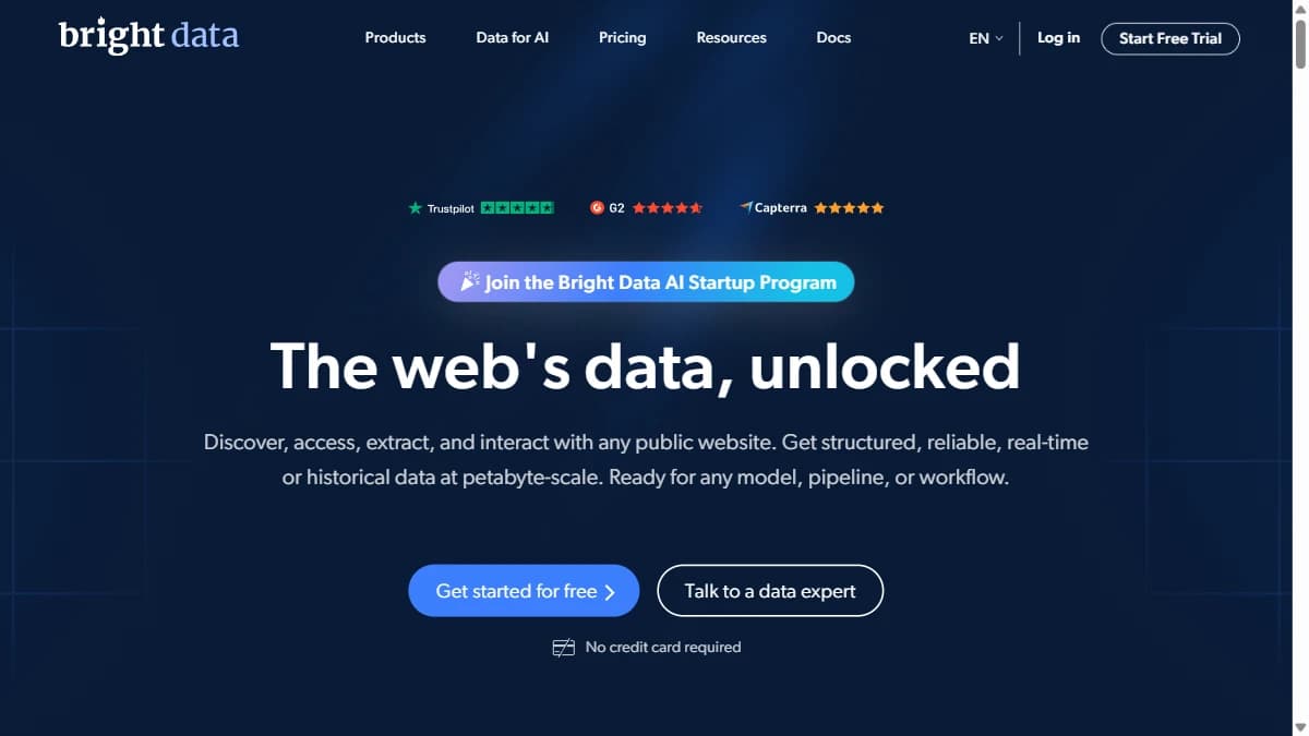 Bright Data homepage showing web scraper API and proxy network -- ScrapingBee alternative for enterprise scraping
