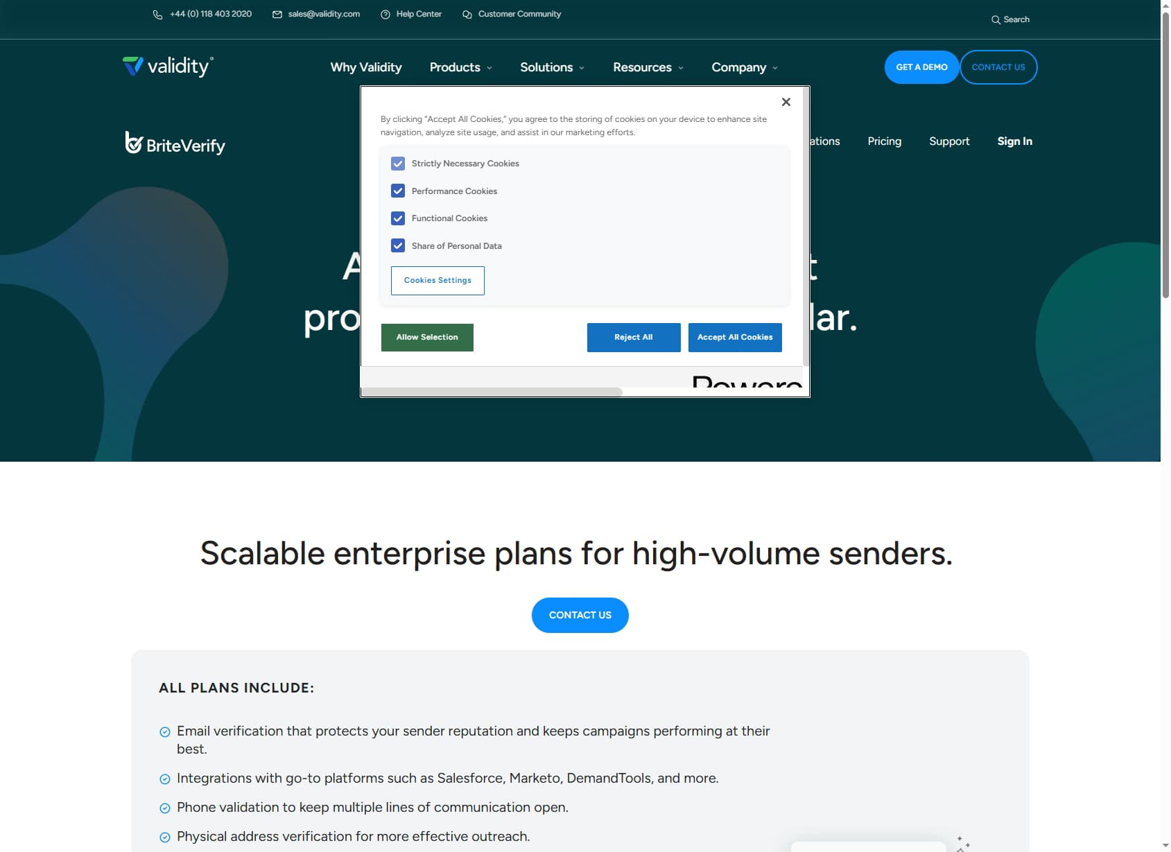 BriteVerify pricing page 2026 — contact sales required, no public tiered pricing