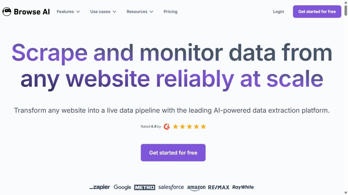 Browse AI homepage showing no-code scraping robots and site monitoring -- ScrapingBee alternative