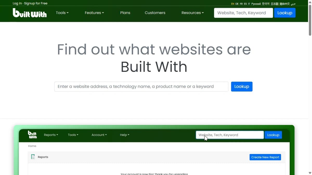 BuiltWith technology intelligence platform -- 414M domain database for technology market research and B2B prospecting