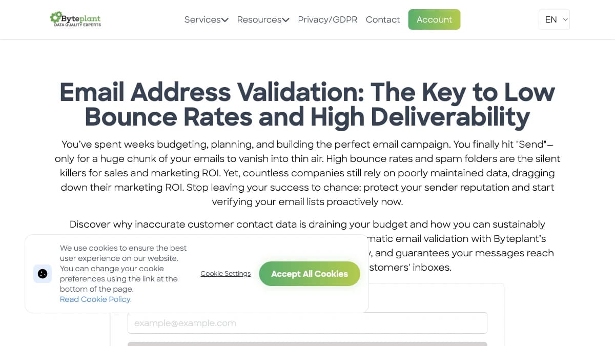 Byteplant Email Validator homepage — WhoisXML Email Verification API alternative for form and CRM endpoints
