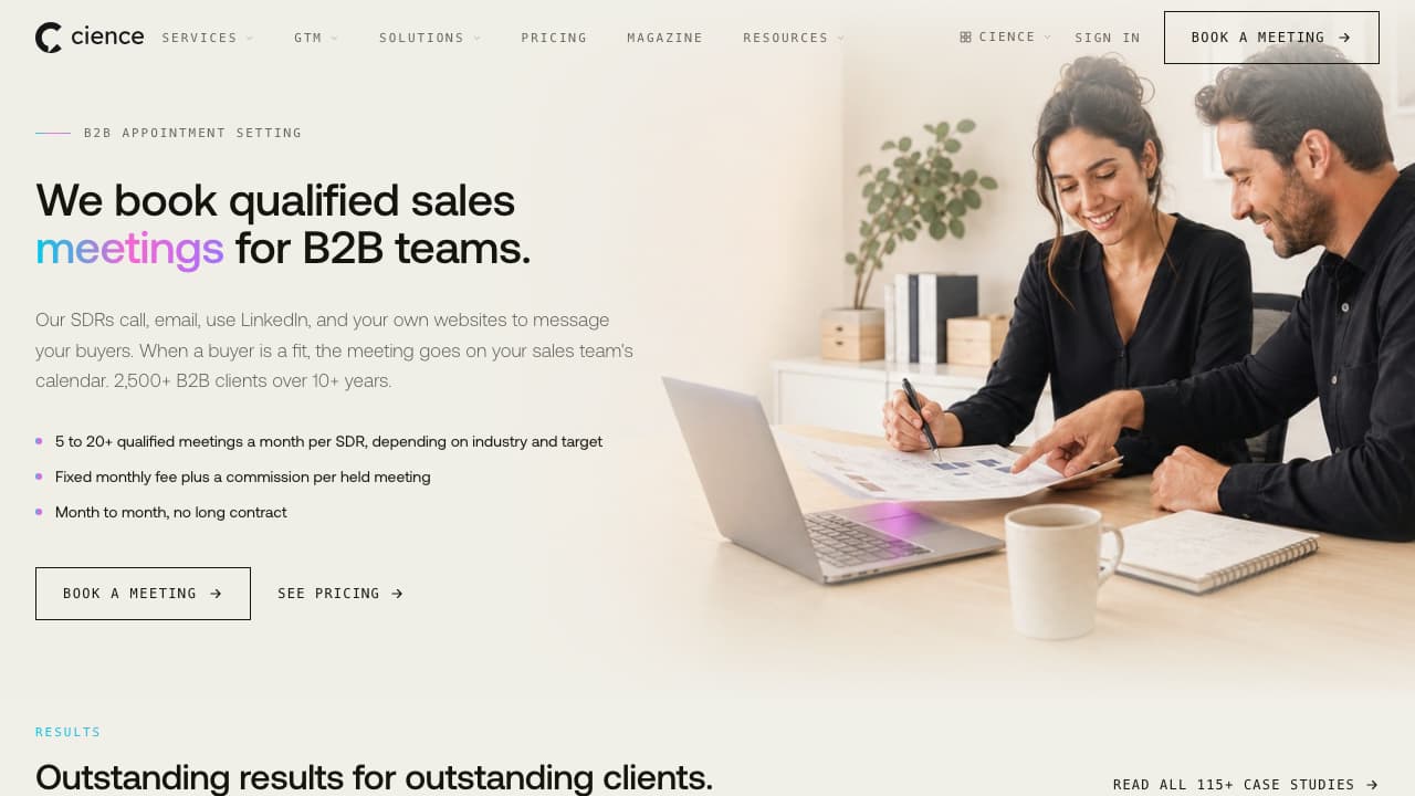 CIENCE homepage showing B2B appointment setting and outsourced SDR service — CIENCE review 2026