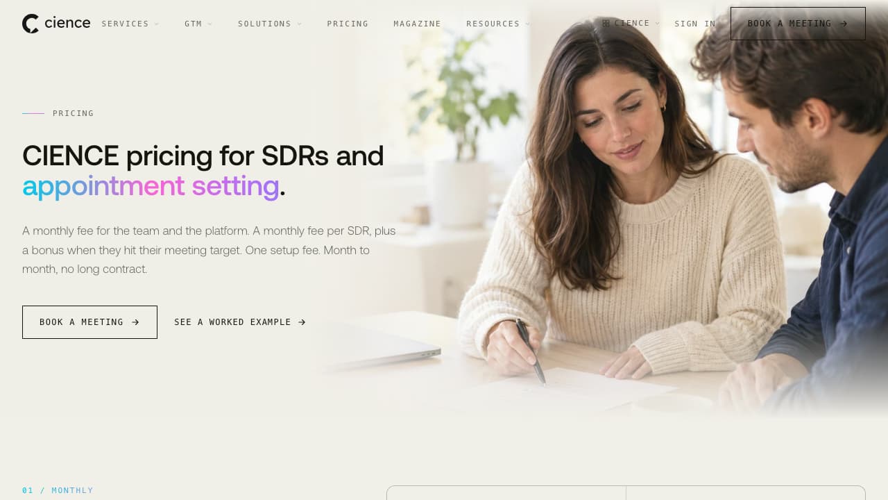 CIENCE pricing page showing SDR costs and performance bonus structure — CIENCE review 2026