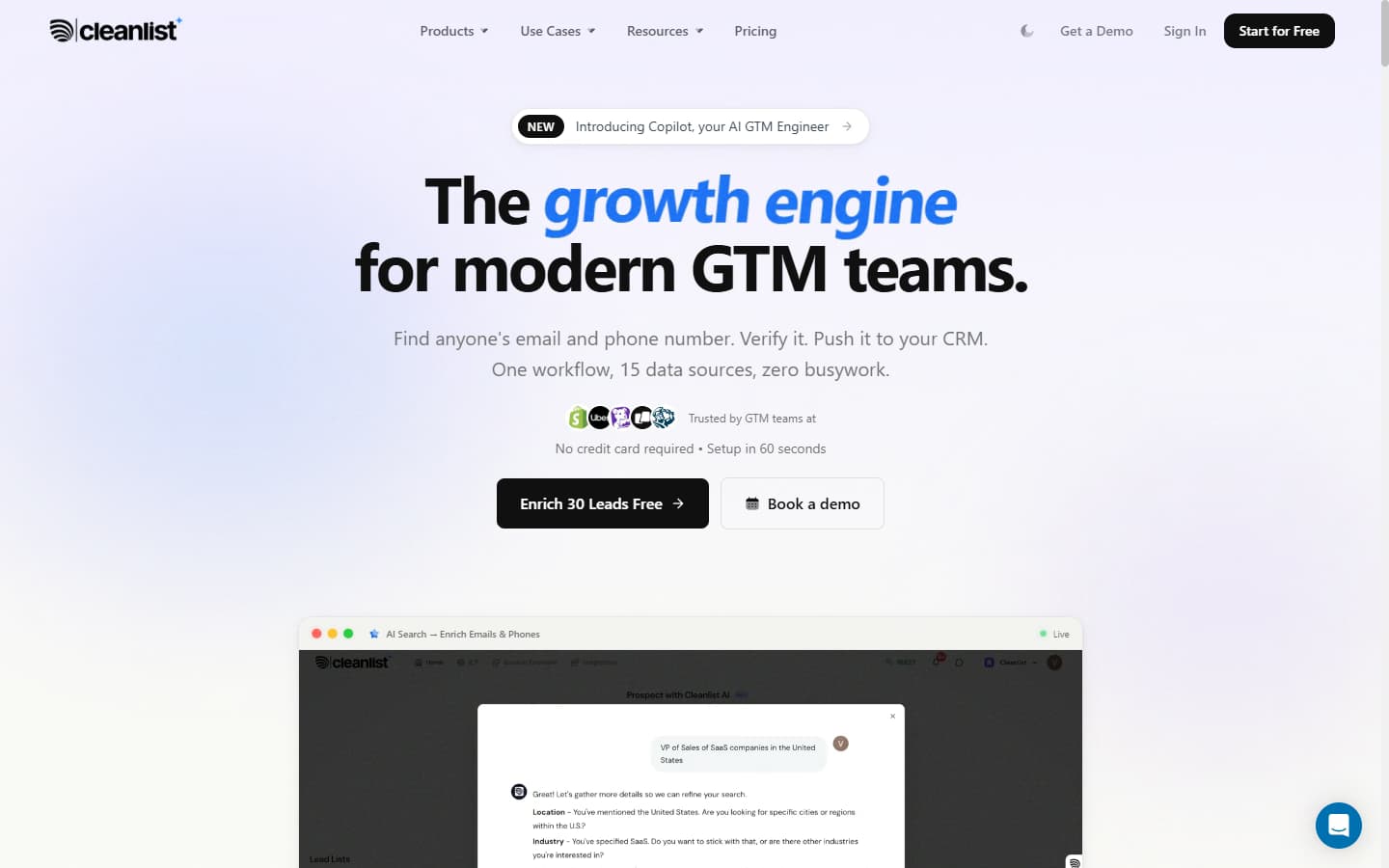 Cleanlist.ai homepage — B2B data enrichment and waterfall verification platform 2026