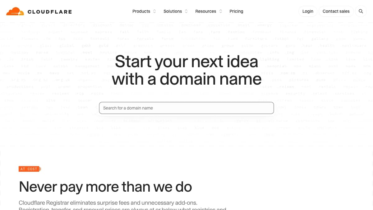 Cloudflare Registrar at-cost domain pricing page — cheapest registrar for cold email domains