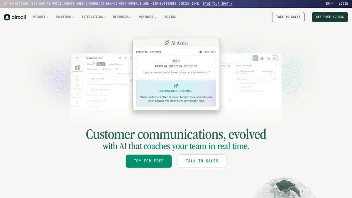 Aircall homepage showing AI Assist on a live sales call — cold calling software for SDR teams