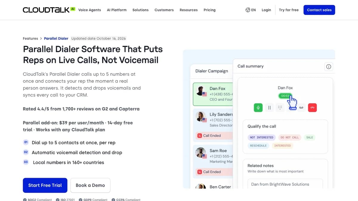 CloudTalk parallel dialer page showing a dialer campaign that calls up to 5 numbers at once — cold calling software