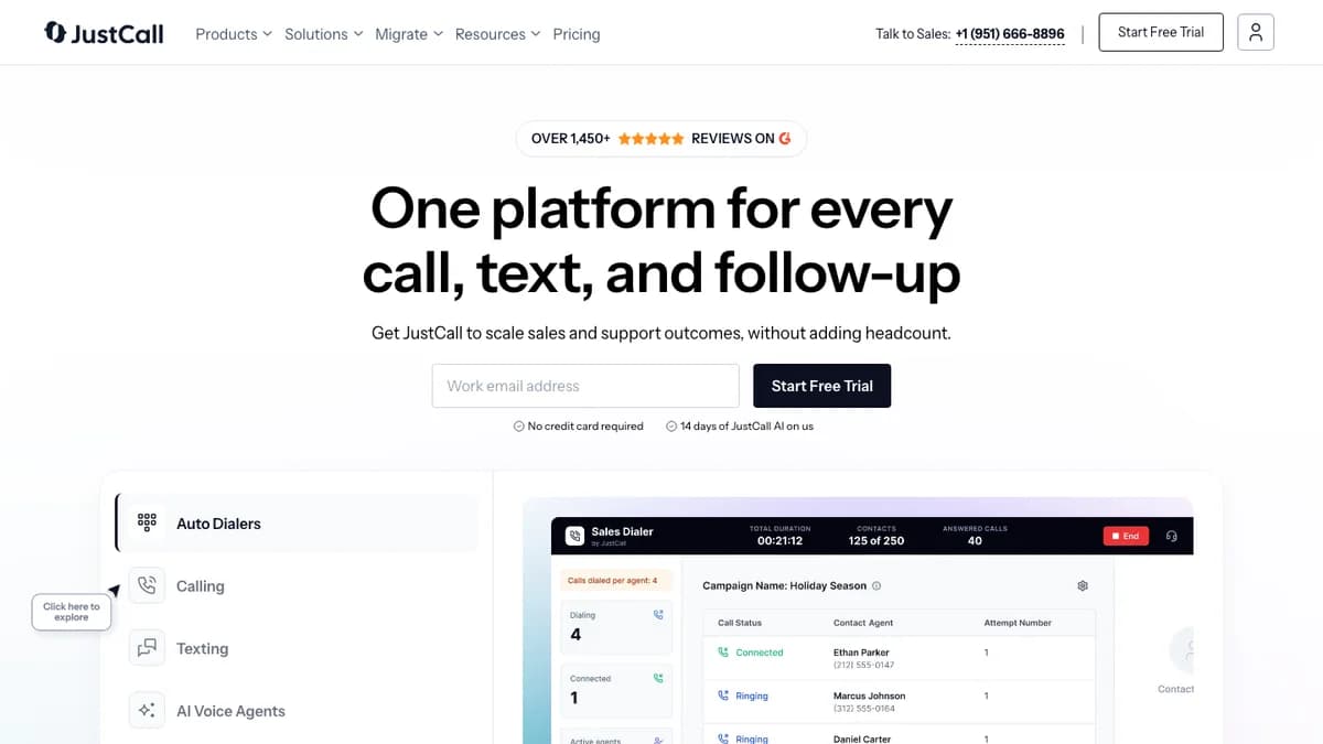 JustCall homepage showing its sales auto dialer campaign view — cold calling software comparison