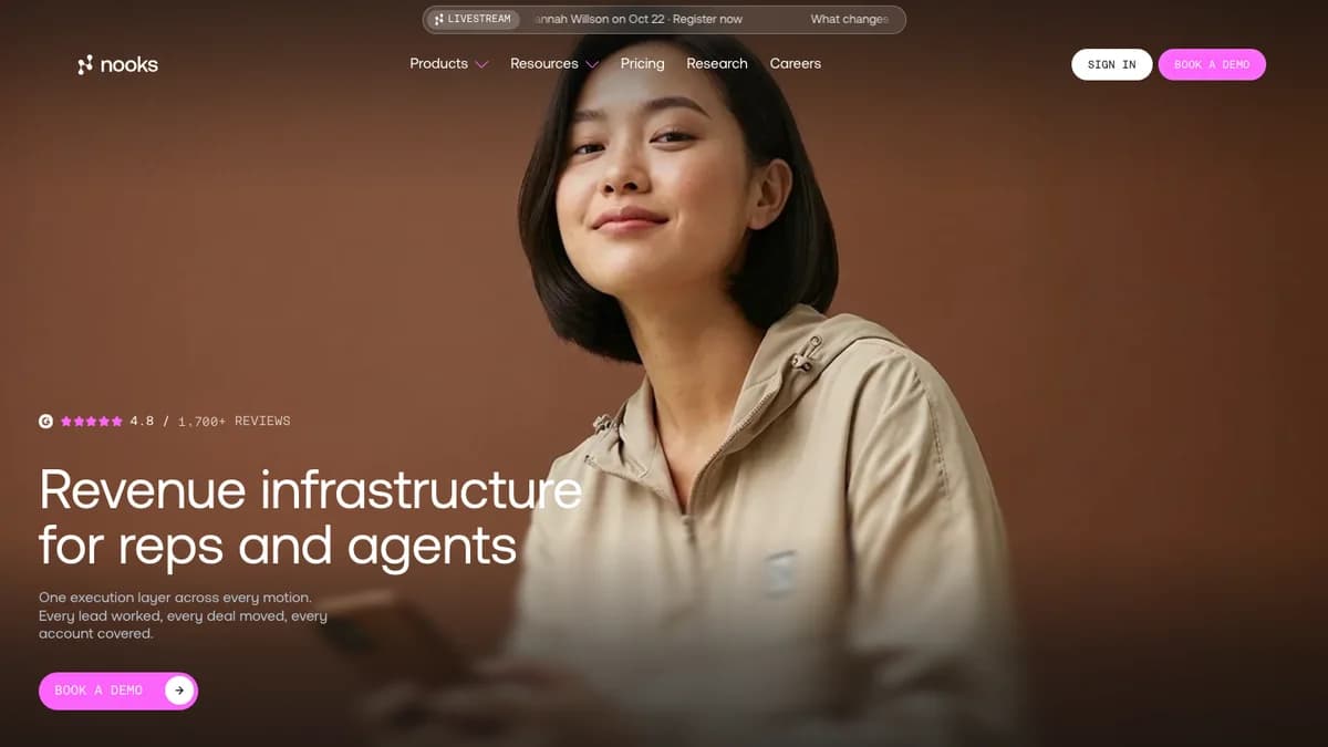 Nooks homepage for its AI dialer and sales platform — cold calling software for SDR teams