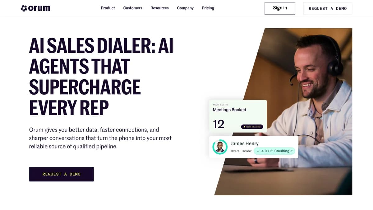 Orum homepage showing its AI sales dialer for SDR teams — cold calling software comparison