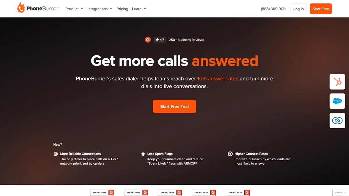 PhoneBurner homepage promoting its sales power dialer — cold calling software comparison