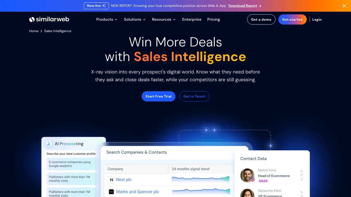 Similarweb Sales Intelligence page with AI Prospecting and company search by traffic trend — company research tools comparison