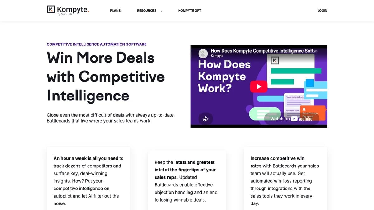 Kompyte by Semrush homepage: win more deals with competitive intelligence and up-to-date battlecards