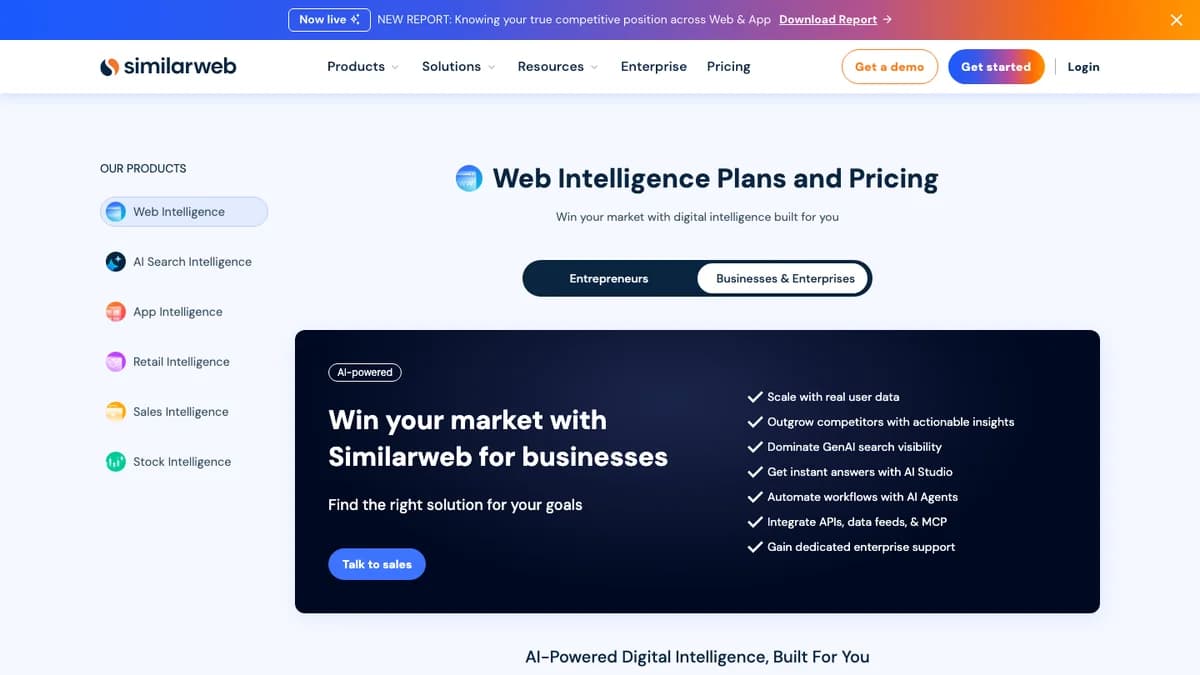 Similarweb Web Intelligence plans and pricing page, a competitive intelligence tool for competitor traffic analysis