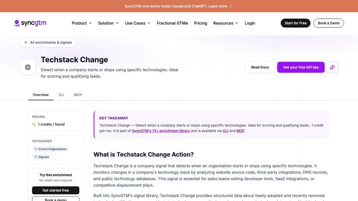 SyncGTM Techstack Change signal page that detects when a company starts or stops using a technology, a competitive intelligence tool for B2B sales
